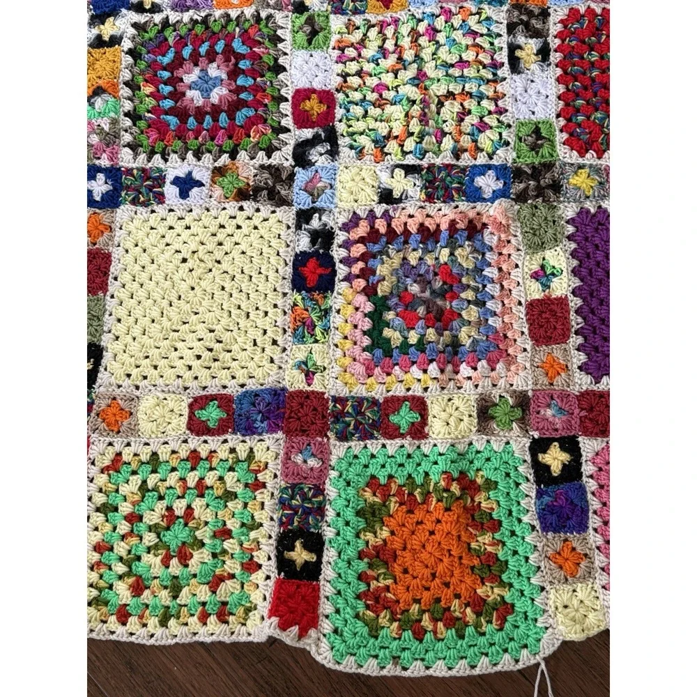 Vintage Multicolored Granny Square Afghan Throw Blanket 61 x 61.